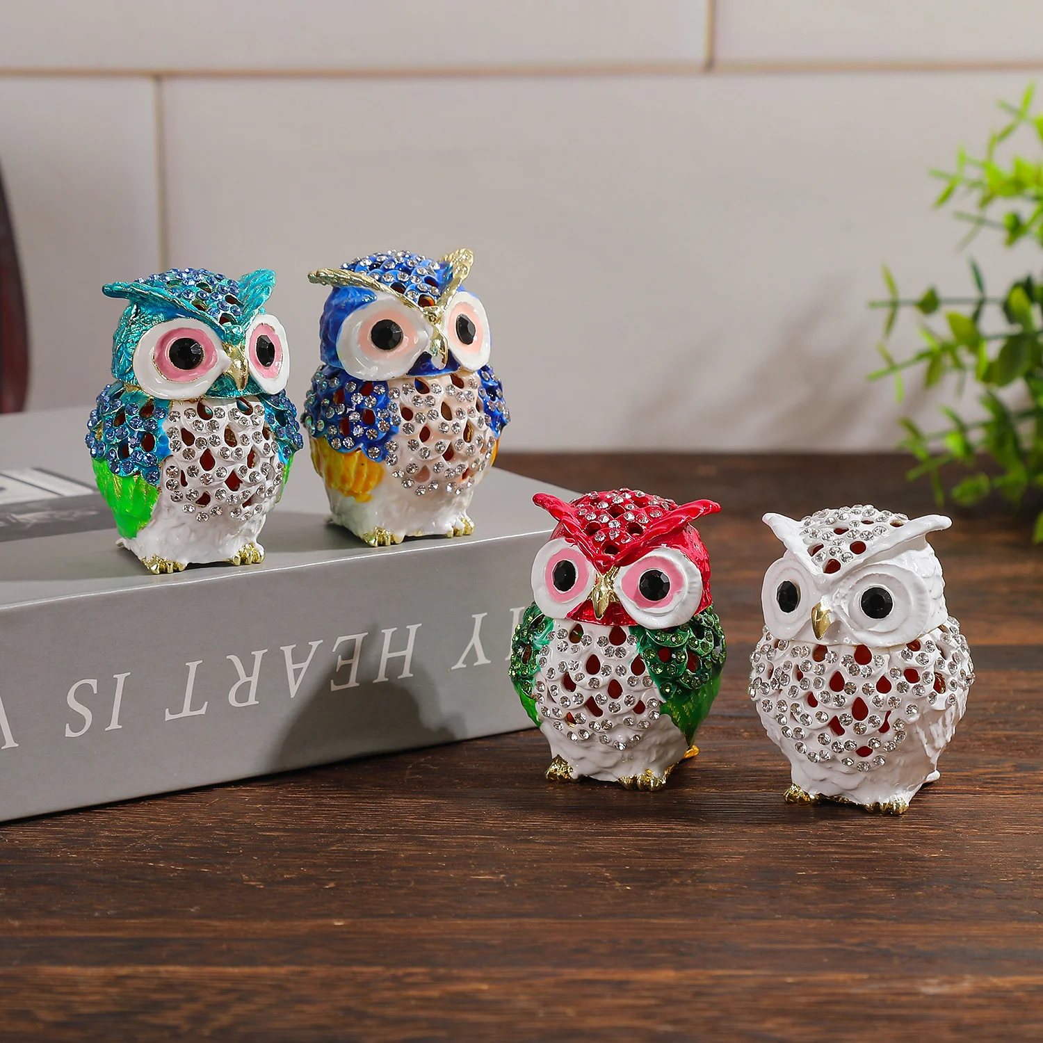 Rhinestone Inlaid Owl Enamel Flip Jewelry BoxRing Earrings Storage Case CreativeDesktop Decor Gift For Wedding Birthday Souvenir