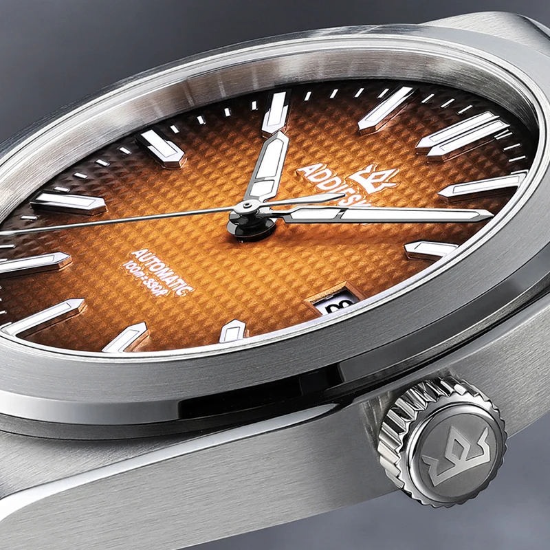 ADDIESKIN K004 Men's Automatic Watch 39mm Ultra-Thin 100m Waterproof Yellow Waffle Dial Caramel Gradient BGW9 Lume Miyota 9015