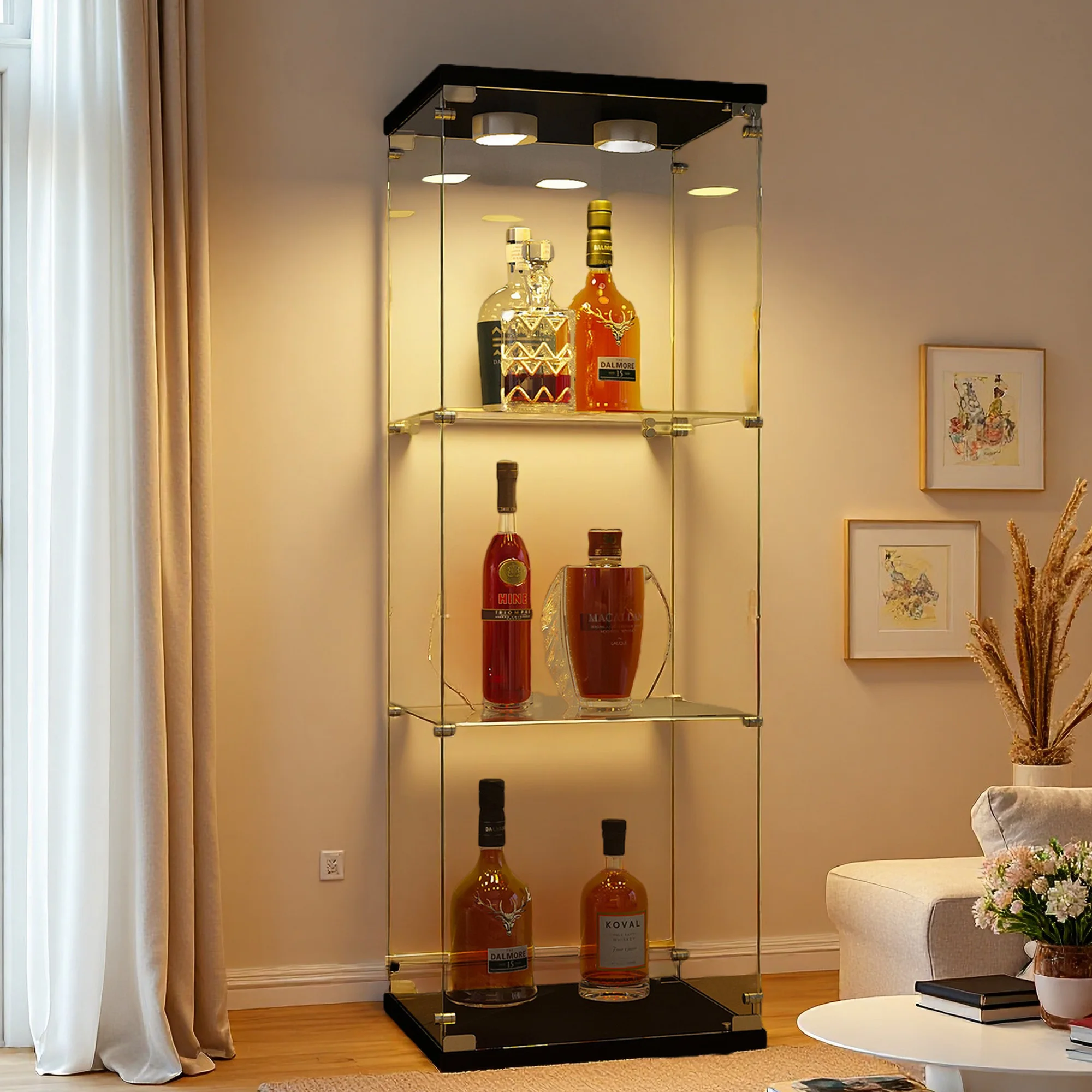 Comanlai Dreistufige Glas-Vitrine mit LED-Beleuchtung, 1-Türiger Stehender Glas-Schaukasten für Wohnzimmer, Schlafzimmer, Schwarz