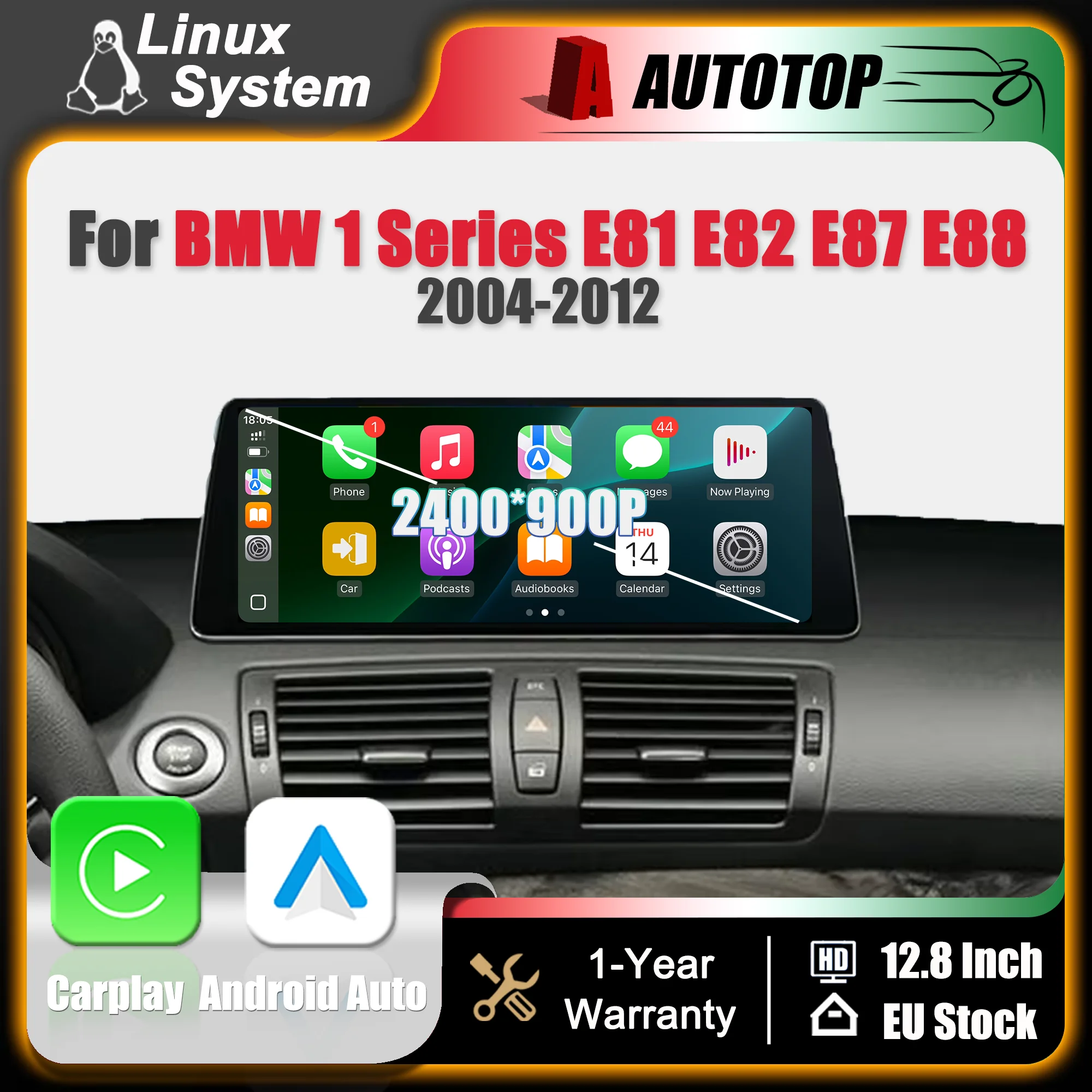Autoradio da 12,8 pollici con schermo touchscreen 2400*900P, sistema wireless Carplay e Android Auto, sistema Linux, per BMW Serie 1 E87 E81 E82 E88 2004-2012, CCC CIC, senza funzione di mirroring
