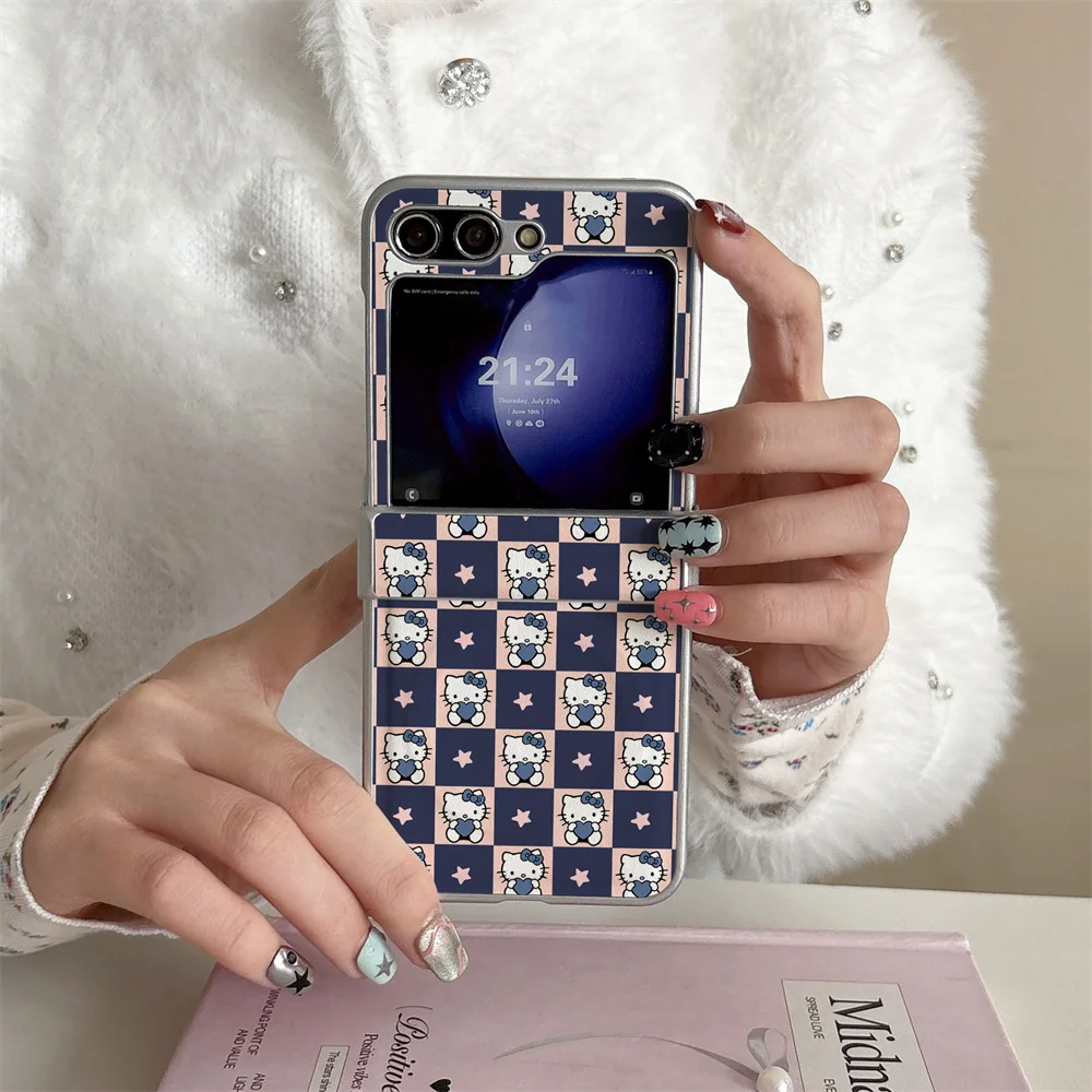 

New Cute Star Grid HelloKitty PU Leather Case Suitable for Samsung Galaxy Z Flip 7/6/5/4 Flip 5 Flip 6 Flip 4 Fro Magnetic Editi