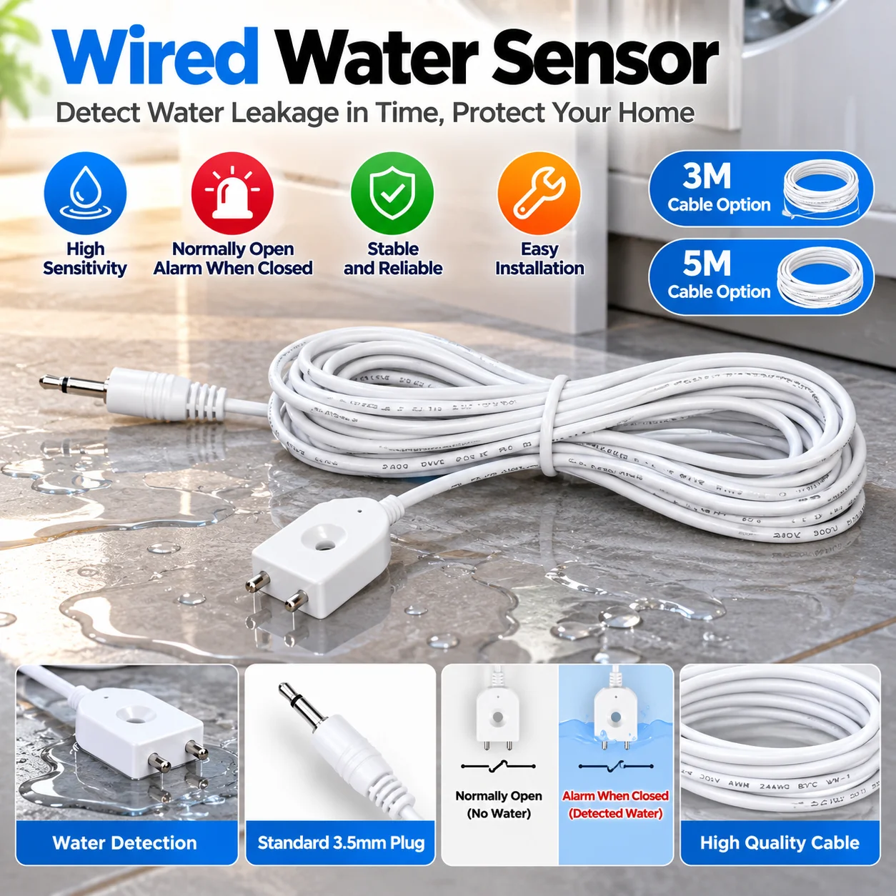 3M/5M Wired Water Leakage Alarm Detector Water Sensor NO Signal Cable For WIFI Water Sensor With Two Metal Poles