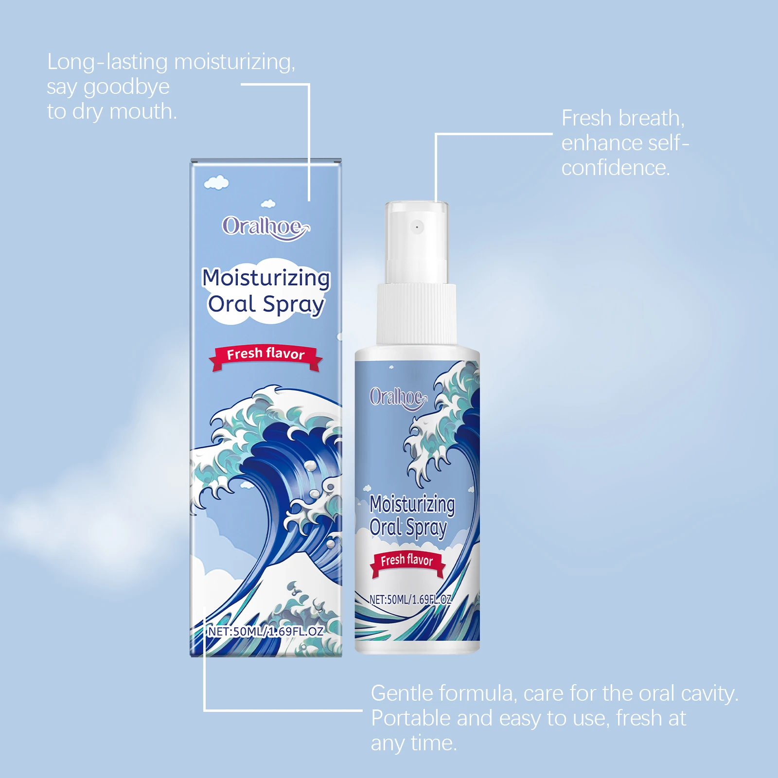 Oralhoe 50ml Nawilżający Spray do Ust Odświeżający Usta Usuwa Nieprzyjemny Zapach Uśmierzający Wysuszenie Miękkiej Dziąs Oralhoe o Smaku Mięty z Trwałym Zapachem Spray do Pielęgnacji Jamy Ustnej