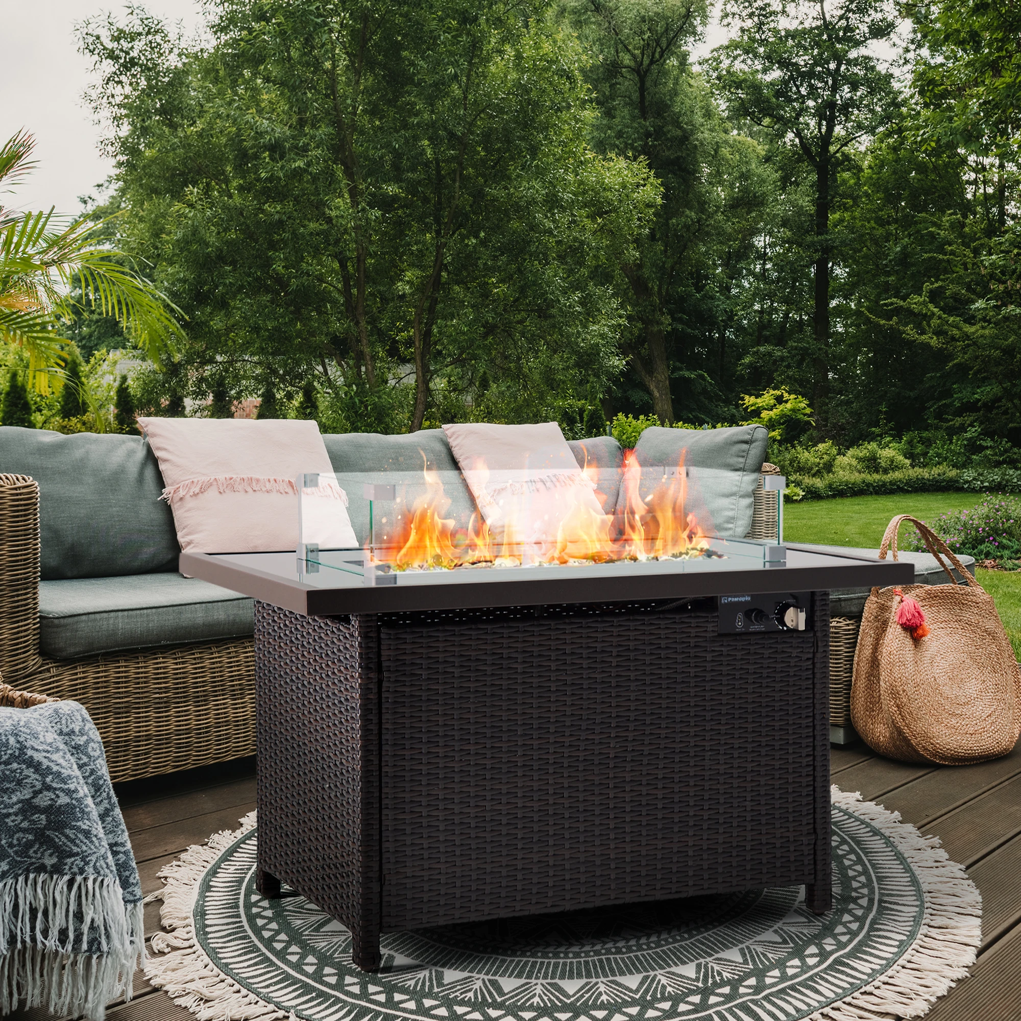 Fire Pits, PAMAPIC 50,000 BTU Auto-Ignition Outdoor Fire Pit Table with Glass Wind Guard,41 Inch Outdoor Fire Tables for Patio G