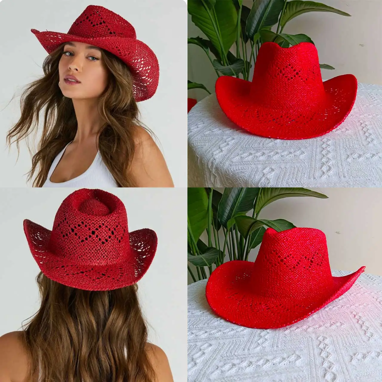 Red hand-painted cowboy straw hat hollow western cowboy hat outdoor travel beach knight hat sombrero vaquero mujer