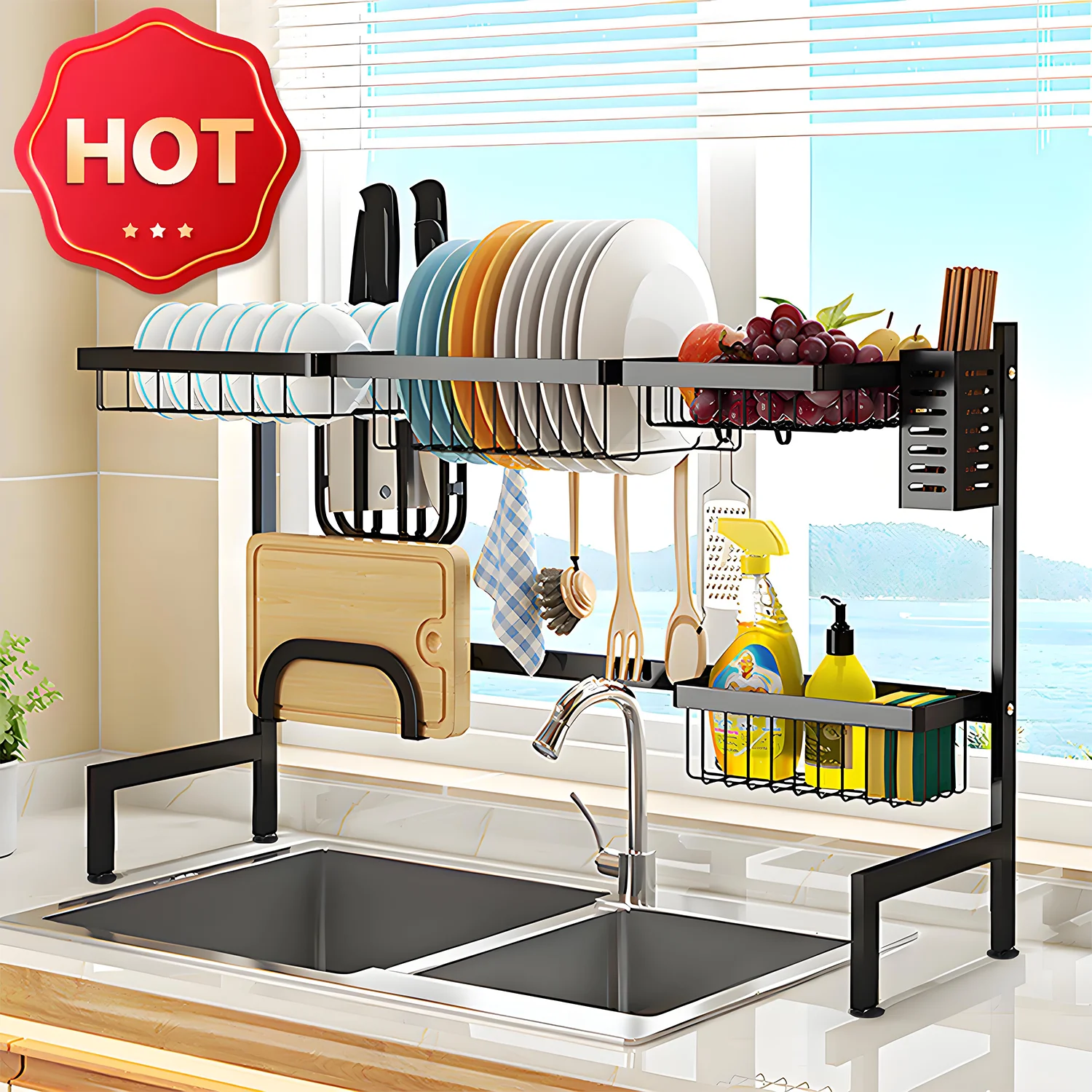 

Double-layer black kitchen ventilated sink organizer, multifunctional bowl rack with drain for chopsticks and knives