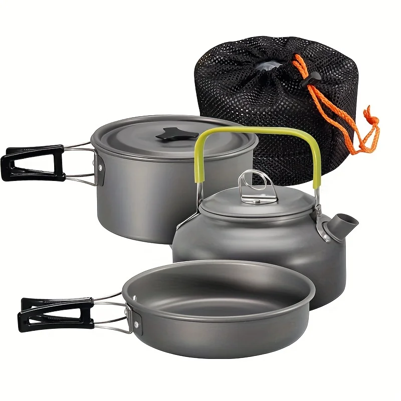 

3pcs Lightweight Camping Cookware Set Aluminum Outdoor Cooking Kit With Pot Pan Kettle for Hiking Backpacking And Picnics