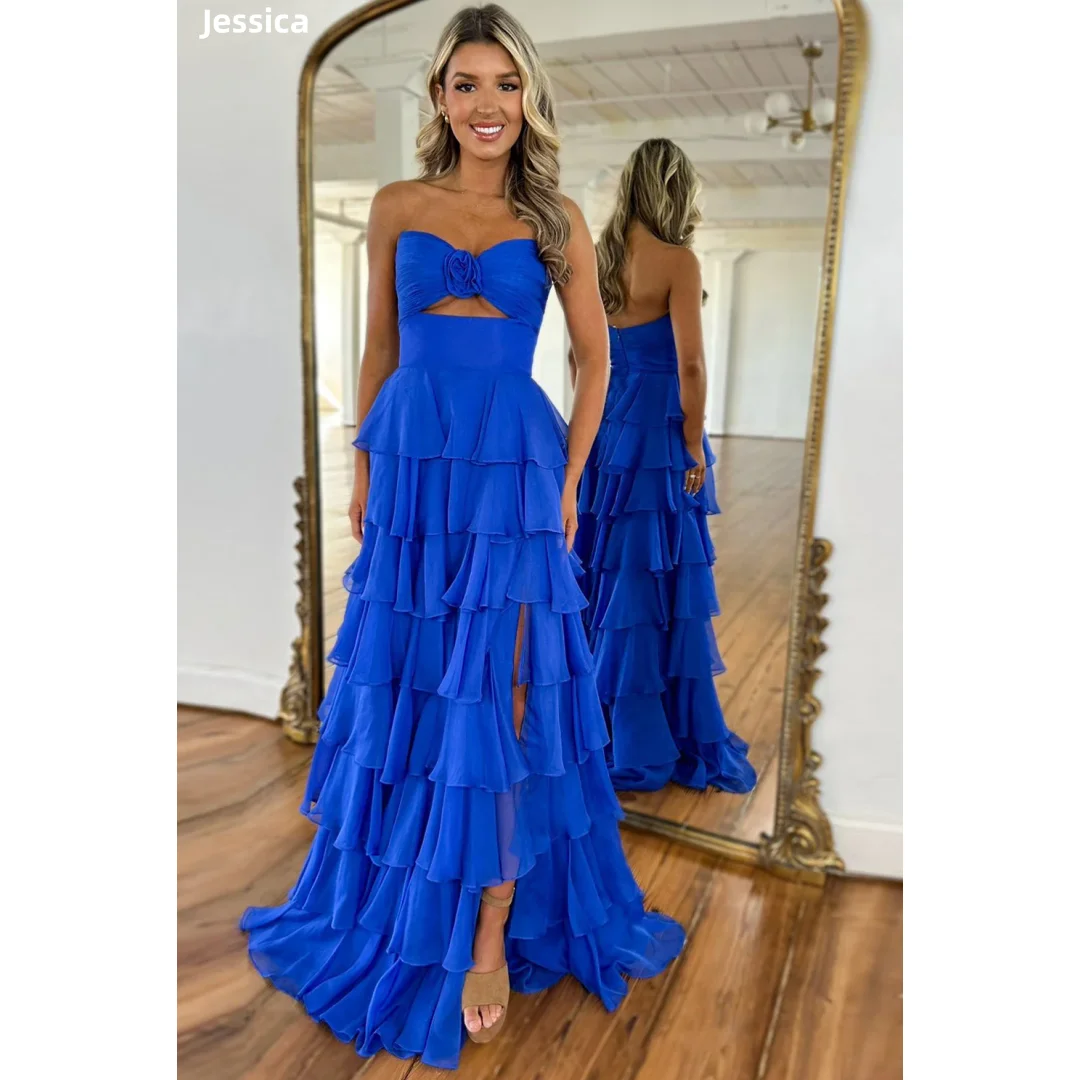 

Jessica Blue Flower Cutout Evening Dresses Blue Chiffon Multi-layer Prom Dresses Off-shoulder A-line Party Dresses Customized