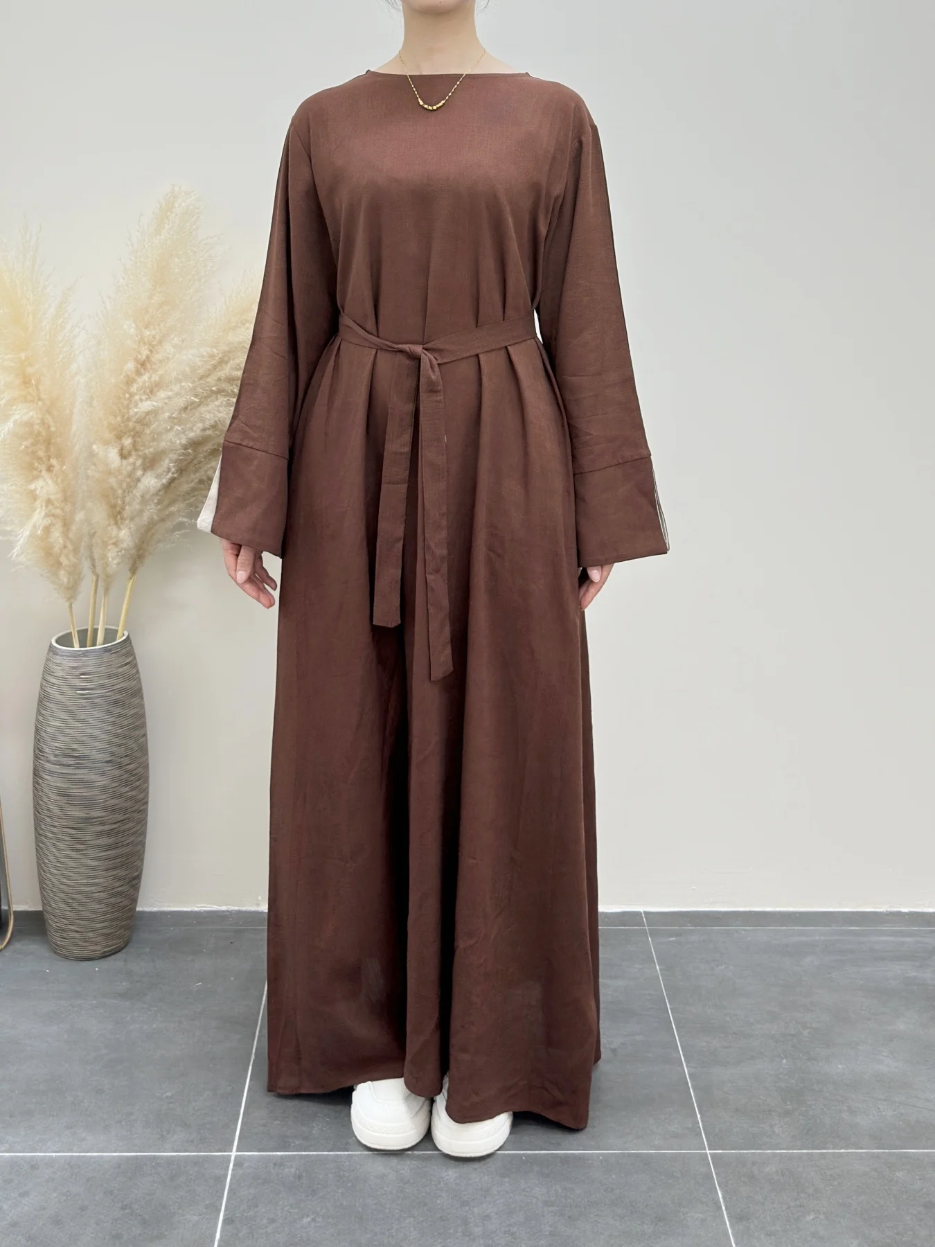 Fumidar linen abaya Linen Color-Block Long-Sleeve Maxi Dress