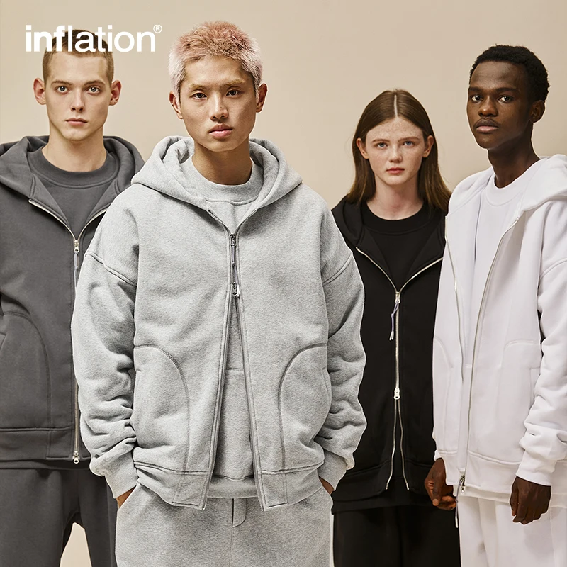 INFLATION Plain Zip Up Hoodies Men Winter Thick Polar Fleece Lined Hooded Jacket Unisex Outwear