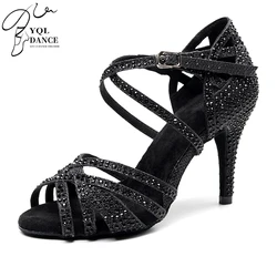 Mulheres Pano Glitter Latino Sapatos de dança, CrtCrystal Saltos Salsa, Couro Camurça, Saltos Latino para Meninas, 3