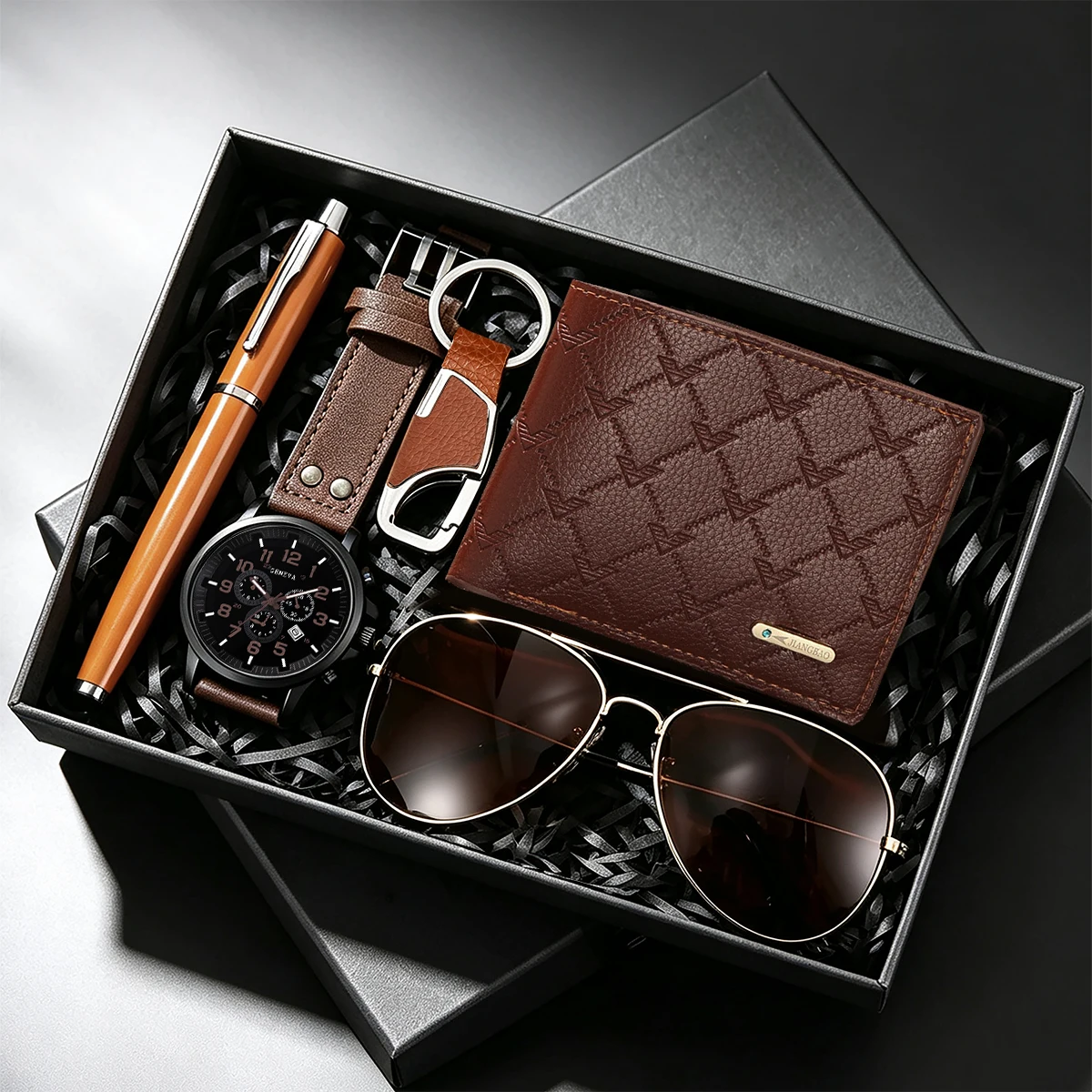 5-Piece Set of Men's Brown Sports Watch with Wallet, Glasses, Keychain, and Accessories Set, with Gift Box, Calendar, Fashionable Casual Digital Dial Quartz Watch, Best Gift for Father's Day, Christmas, New Year's Day, Valentine's Day