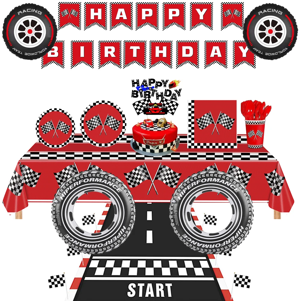 

Red Racing Car Party Tableware Plates Banner Cups Napkins Tablecloth Foil Balloons Boys Formula 1 Race Car Birthday Decorations