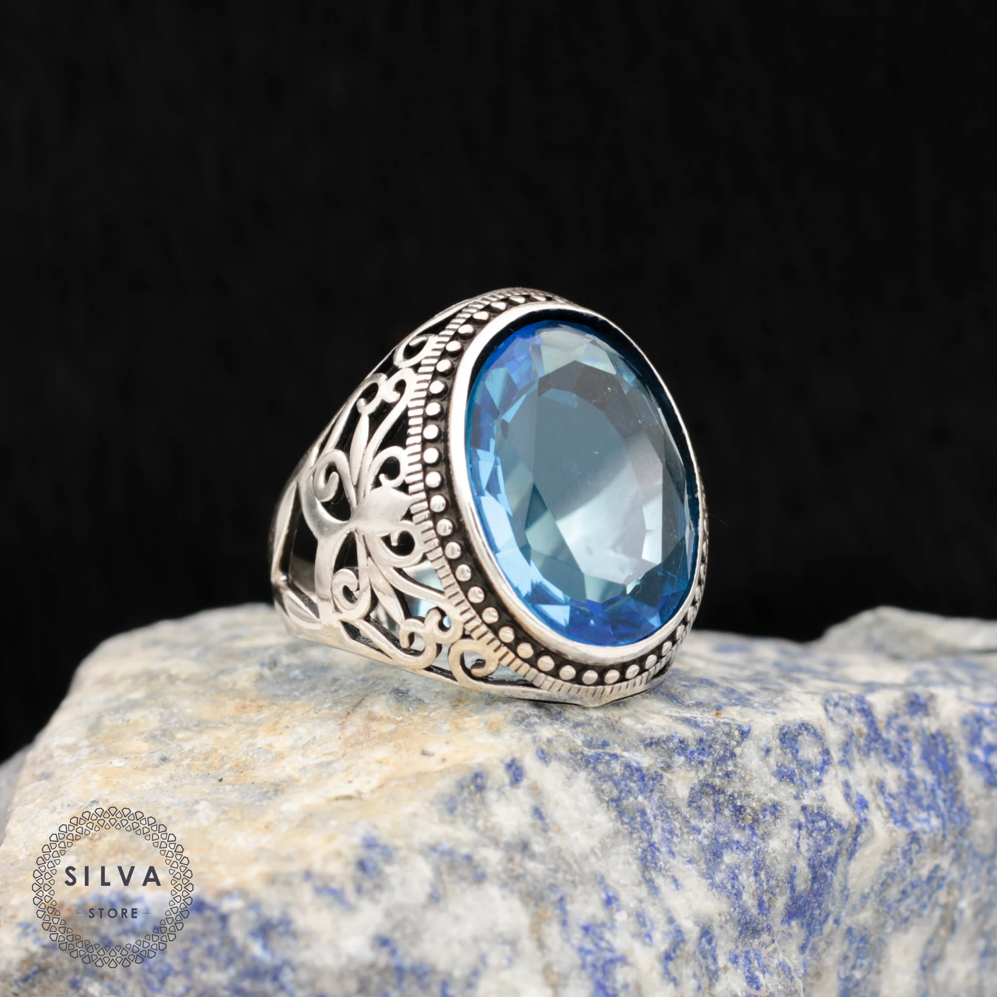 Original Sterling 925 Silver Men Ring With Aquamarine Zircon Stone Man Jewellery Stamped With Silver All Sizes Are Available