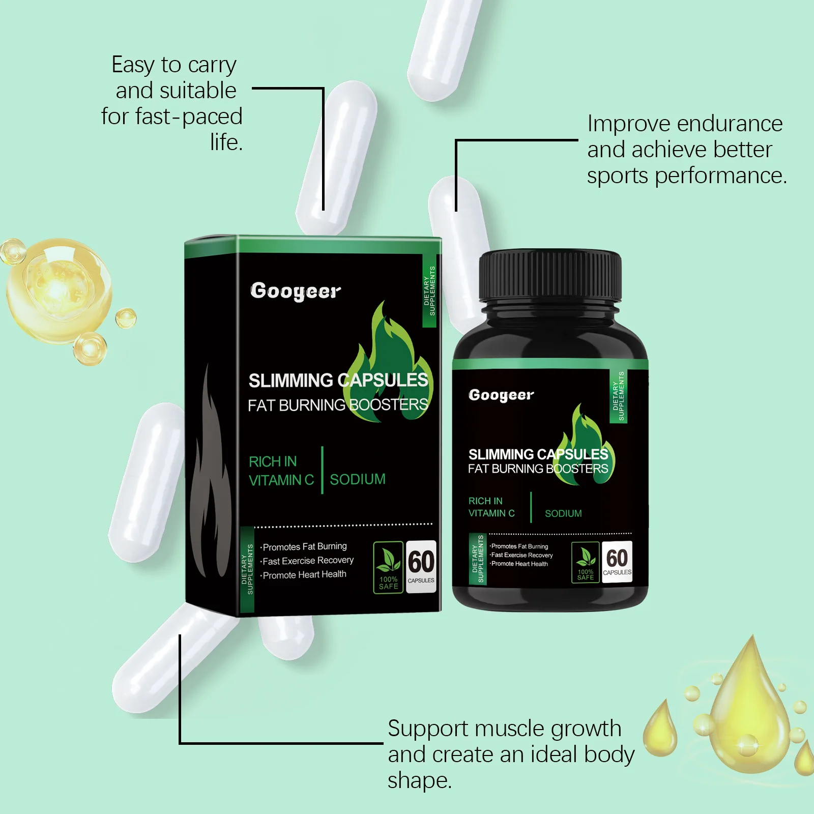 Googeer 60 قطعة كبسولات التخسيس الجسم حرق الدهون إزالة السيلوليت الرعاية الصحية الطاقة المكملات الغذائية كبسولات فقدان الوزن