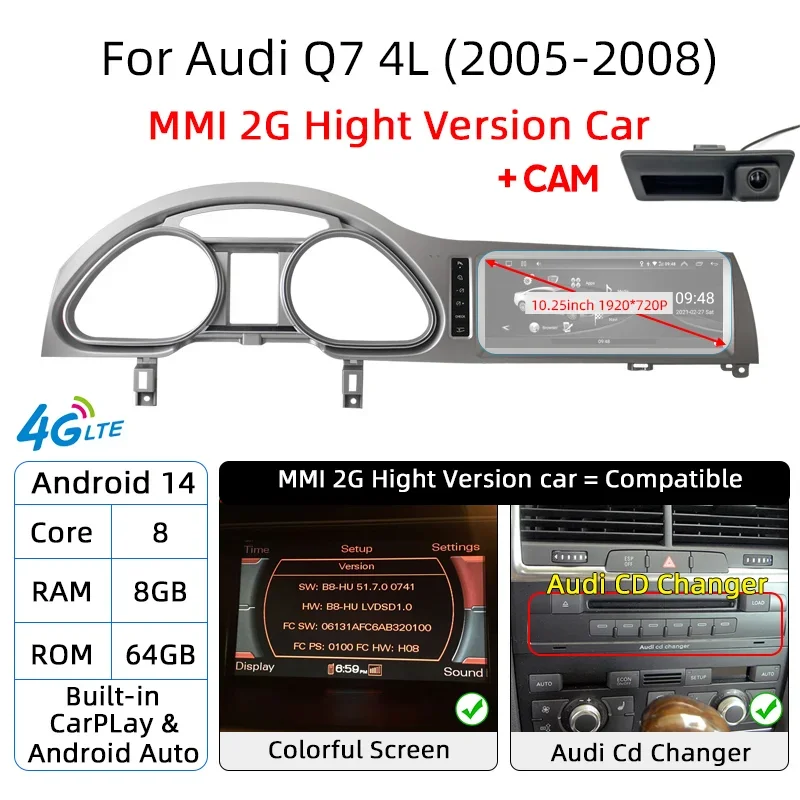Android 14 Auto-Radio mit Carplay-Bildschirm für Audi Q7 4L 2005-2015 MMI 2G 3G GPS-Navigation mit Rückfahrkamera Automotive Multimedia DSP