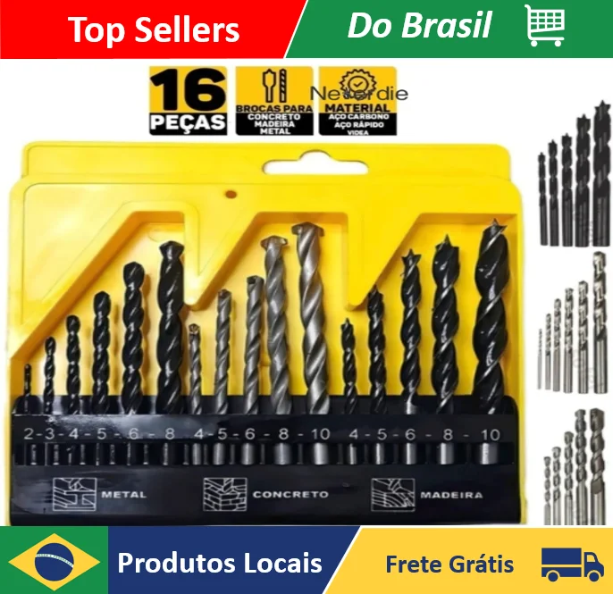 Jogo De Brocas 16 Peças C/ Estojo Madeira Ferro Concreto Metal , Para Furadeira e Parafusadeira - Neverdie Store