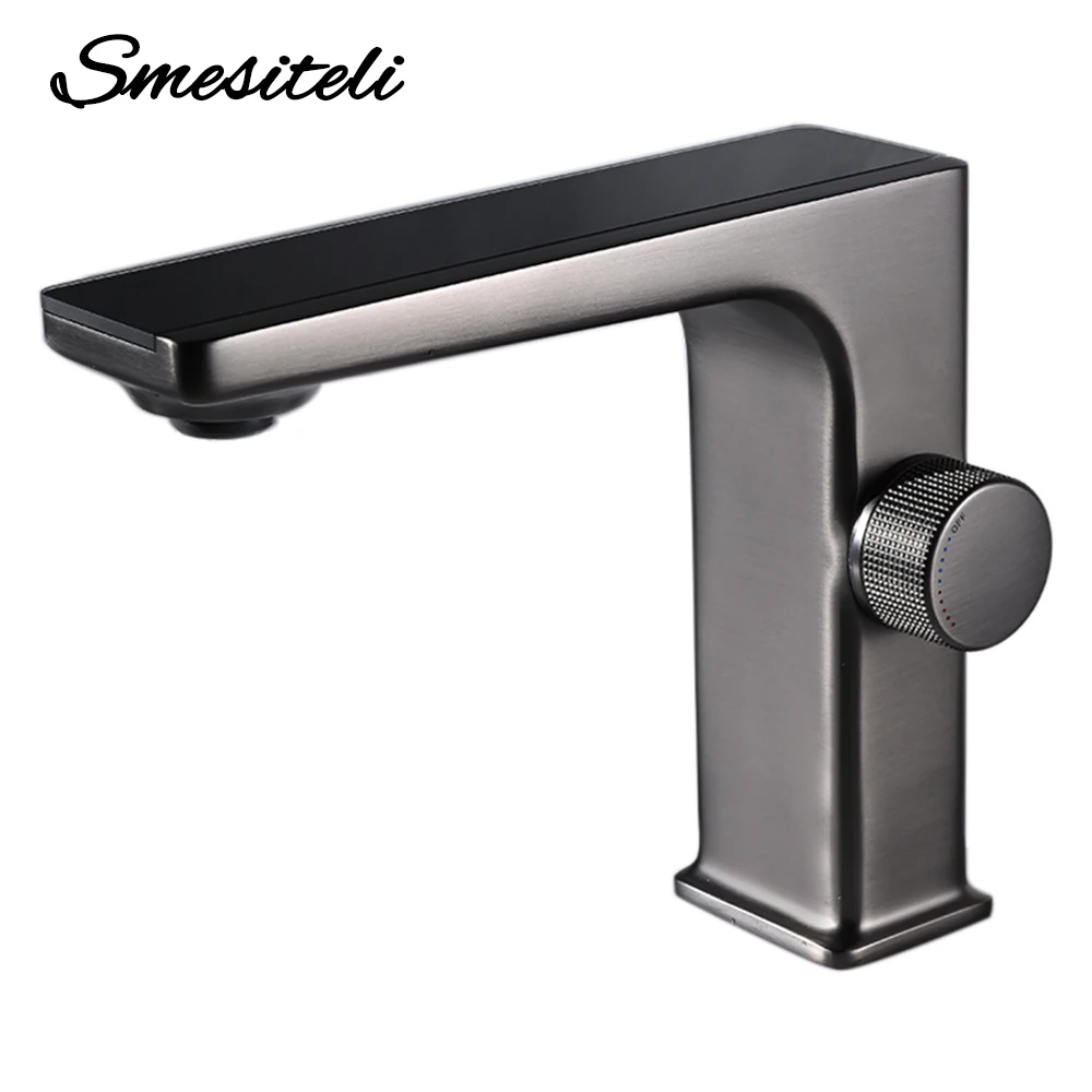 

Smesiteli Basin Hot And Cold Water Sink Tap Smesiteli Brass Single Hole Deck Mounted GunGrey Temperature Display Bathroom Faucet