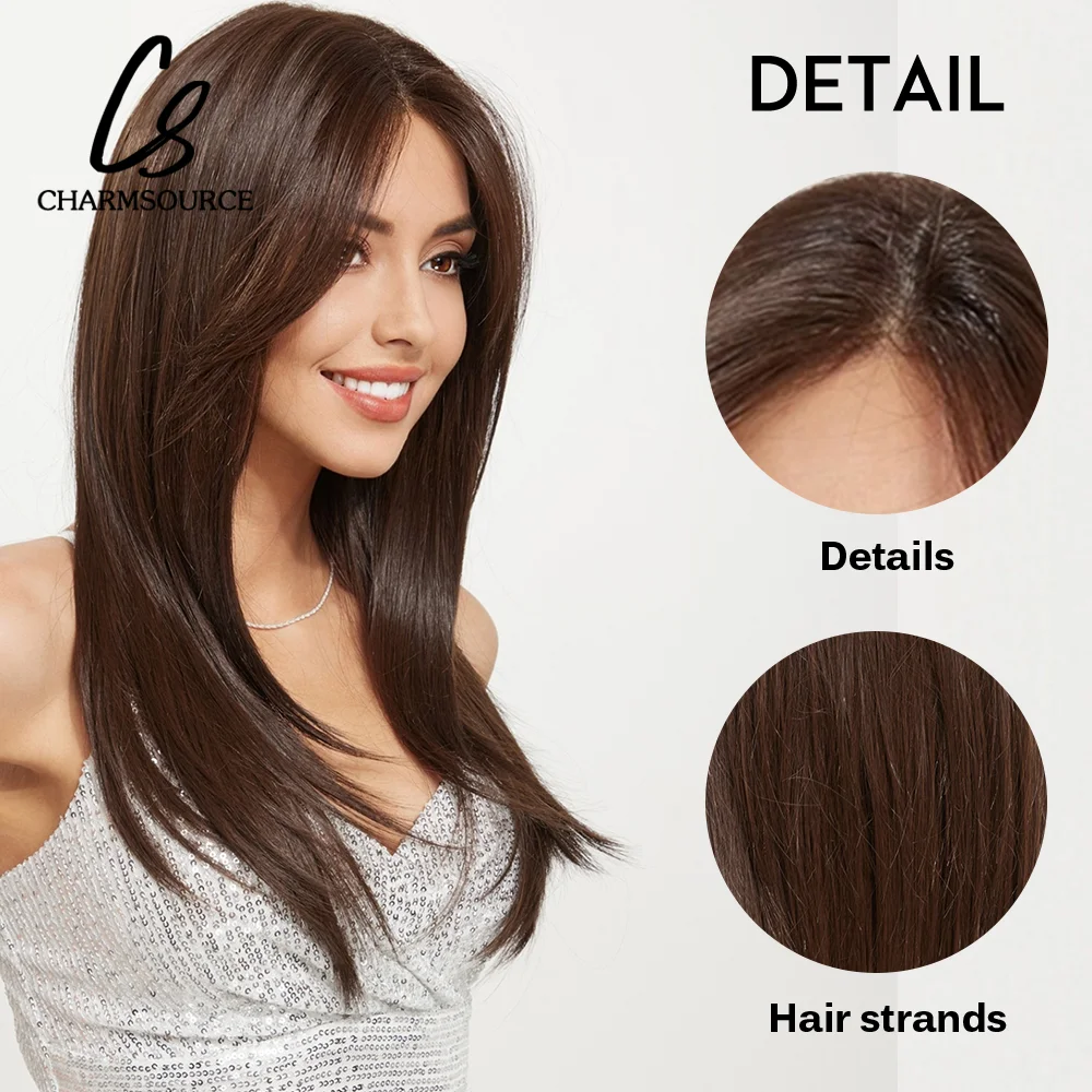 CharmSource Lace Front Wigs Long Straight Hair Black Brown Wigs Daily Use Party Wig for White Women Synthetic Heat Resistant
