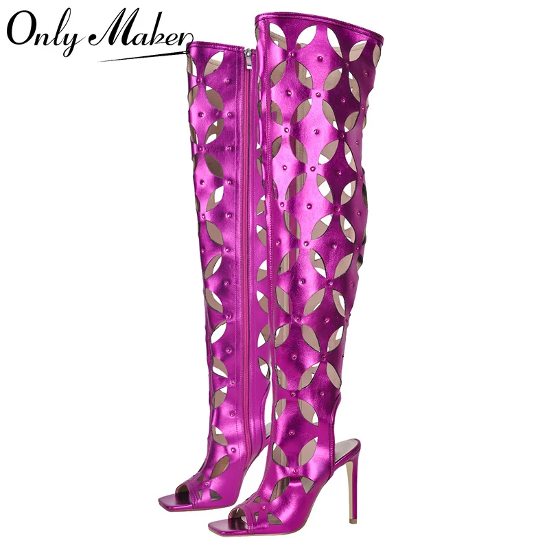 

Onlymaker/женские высокие сапоги цвета фуксии, лаконичные туфли с открытым носком на высоком каблуке-шпильке, полые сапоги выше колена с боковой молнией
