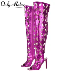 Onlymaker Women Fuchsia Long Boots Concise Peep Toe Stiletto High Heel Shoes Side Zipper Hollow Over The Knee Boots