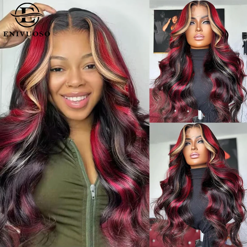 Skunk Stripe Black Red Highlight Synthetic Lace Wigs For Black Women Body Wave 13X4 HD Lace Front Wig Pre Plucked with Baby Hair