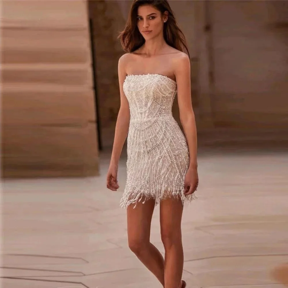 Exquisite kurze Promi-Kleider für Frauen, trägerlos, Perlen, Perlen, Minikleider, Abschlussball, Cocktailkleider, individuelles Brautkleid