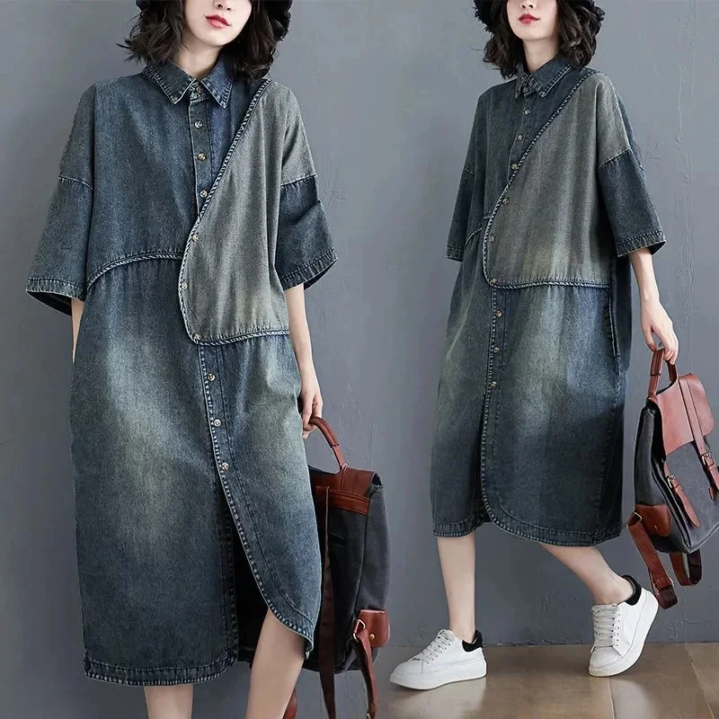 VWBQNZ ponadgabarytowa sukienka dżinsowa z krótkim rękawem 2025 moda letnia luźna Vintage Splice sukienka dżinsowa damska odzież codzienna — zdjęcie 2