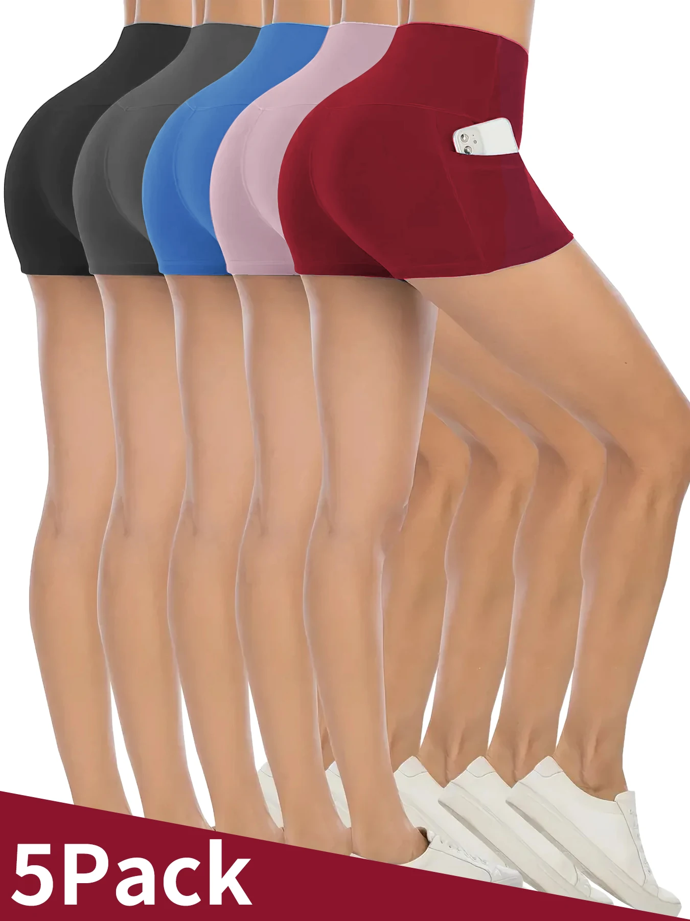 

5PC Somen's High-Waisted Yoga Shorts with Side Pockets, Tummy Control, Butt-Lifting, Quick-Drying Fabric for Gym, Running Shorts