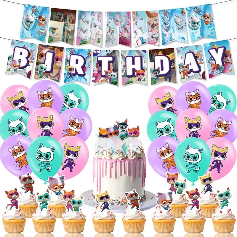 Vaisselle de fête d'anniversaire de la série Super Kitties, bannière de poulet, décoration de gâteau, ballon de sensation de confrontation