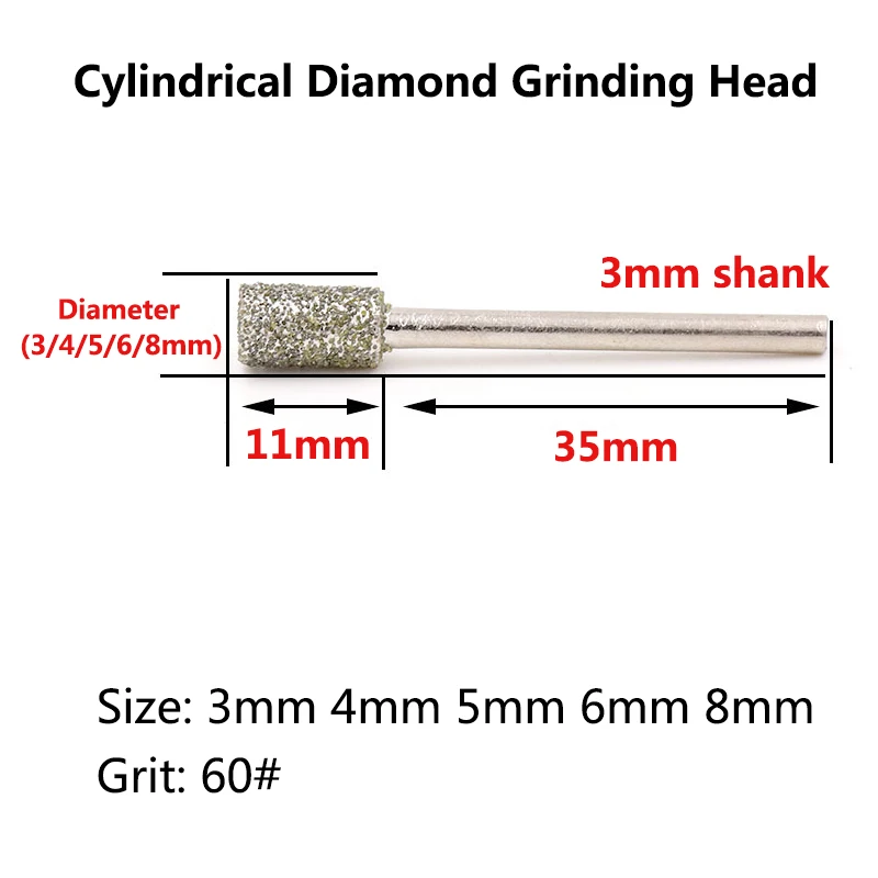 5Pcs 3mm Shank 3mm 4mm 5mm 6mm 8mm #60 grit Cylindrical Type Diamond Head Burr Grinding Engraving Bit for Dremel Rotary Tools