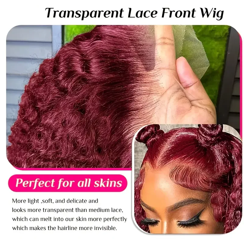 สีแดง 13x4 ลูกไม้ด้านหน้าวิกผม 99J Burgundy Curly Bob วิกผมผมมนุษย์สั้น Curly Bob วิกผมลึก Curly Lace ด้านหน้าวิกผมสําหรับผู้หญิงสีดํา