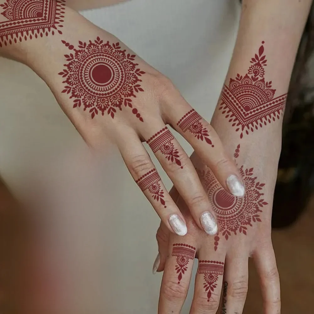 Autocollant de tatouage temporaire imperméable au henné en dentelle rouge, fleur de Mandala, bras d'art corporel, faux tatouage, manches pour femmes et hommes, fête de mariage, Festival