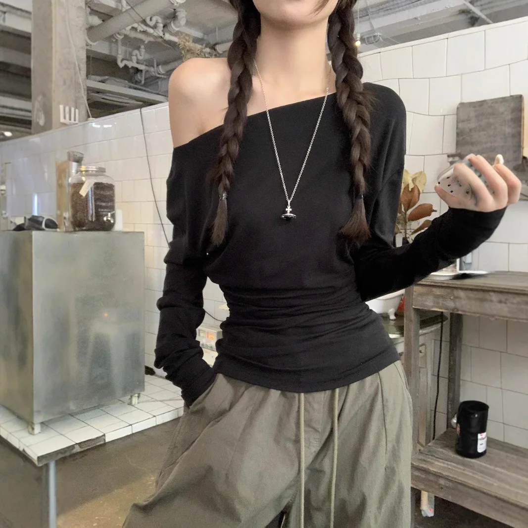 Solid Inclined Shoulder Batwing Long Sleeve T-shirts Tops 2026 Spring Women