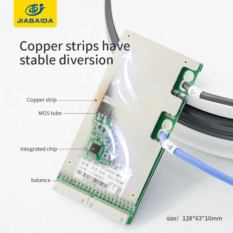 JIABAIDA BMS 16S LiFePo4, 17S 20S baterai Lithium Li-ion 48V 60V 72V dengan keseimbangan NTC 30A 40A 50A Charge Discharge JBD BMS