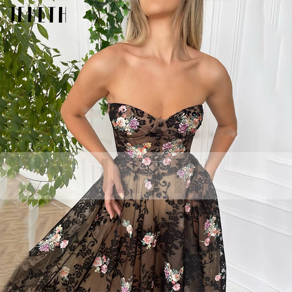 JEHETH Black Elegant Fairy Prom Dress Women Sweetheart Flower Evening Party Gowns Lace Tulle Strapless Pockets Robes De Soirée