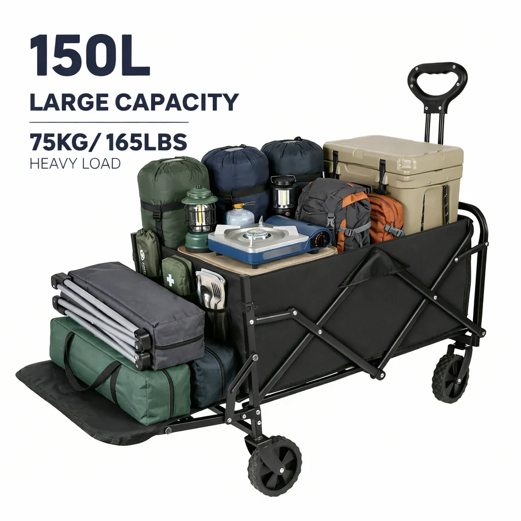 Chariot de camping pliable et extensible 150L 75kg, chariot robuste avec roues pivotantes à 360° °   Poignée réglable avec roulettes pour la plage, le jardin et le shopping