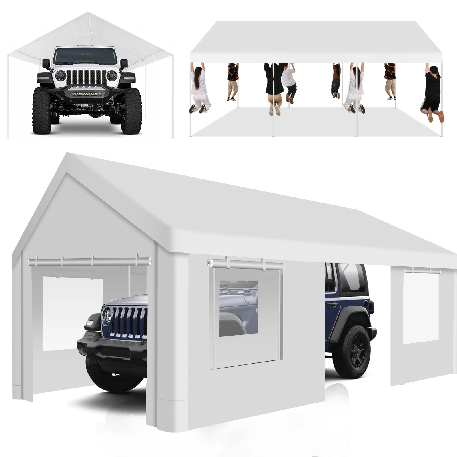 

12x20FT навес для автомобиля, сверхмощный портативный гараж с 4 боковыми стенками и дверцами, автомобильная палатка с оцинкованной рамой, водонепроницаемая с мешками с песком