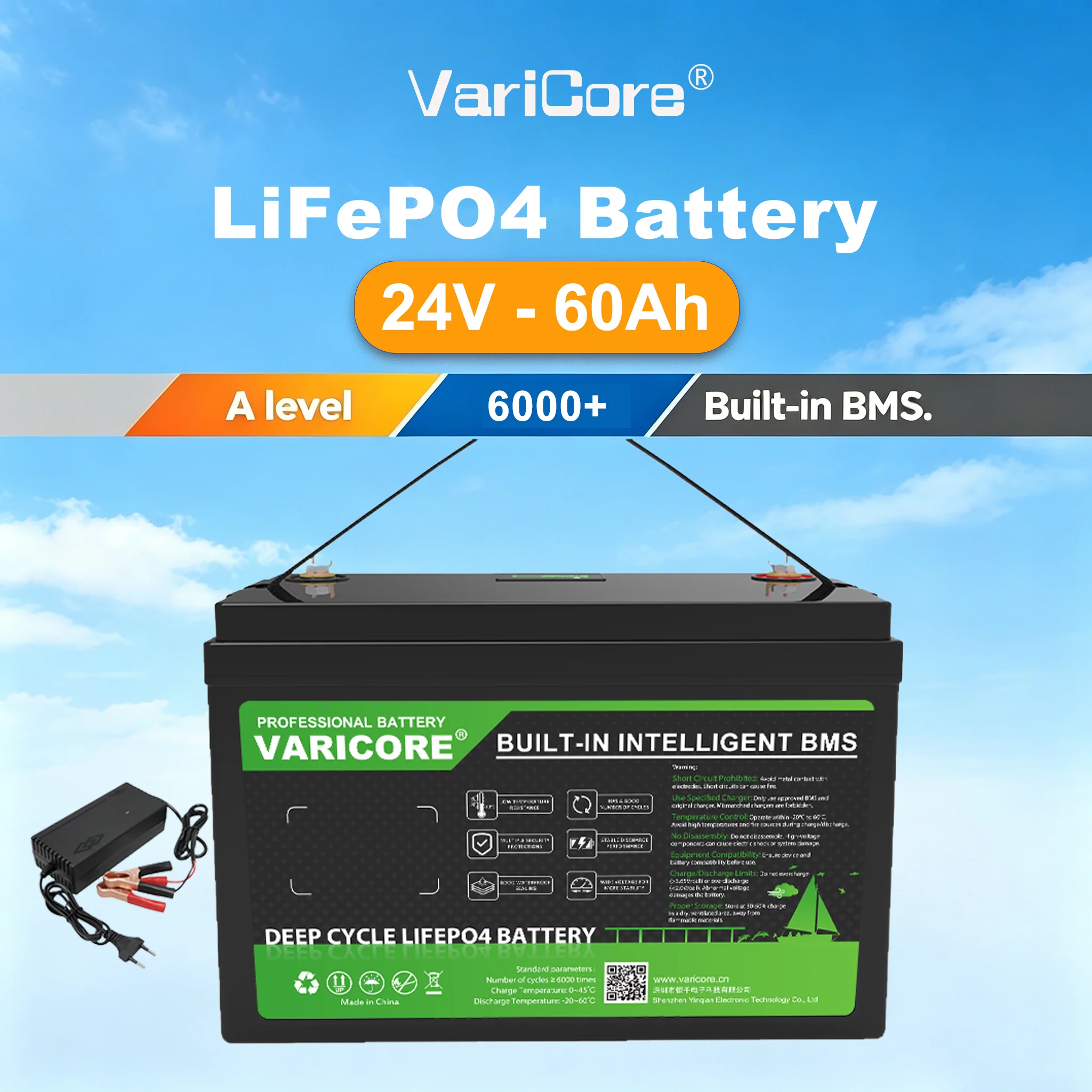 Akumulator litowo-żelazowo-fosforanowy LiFePO4 24 V, 60 Ah, 1536 Wh, z zintegrowym, inteligentnym systemem BMS, o długim okresie eksploatacji, przeznaczony do głębokiego rozładowania i wielokrotnego
