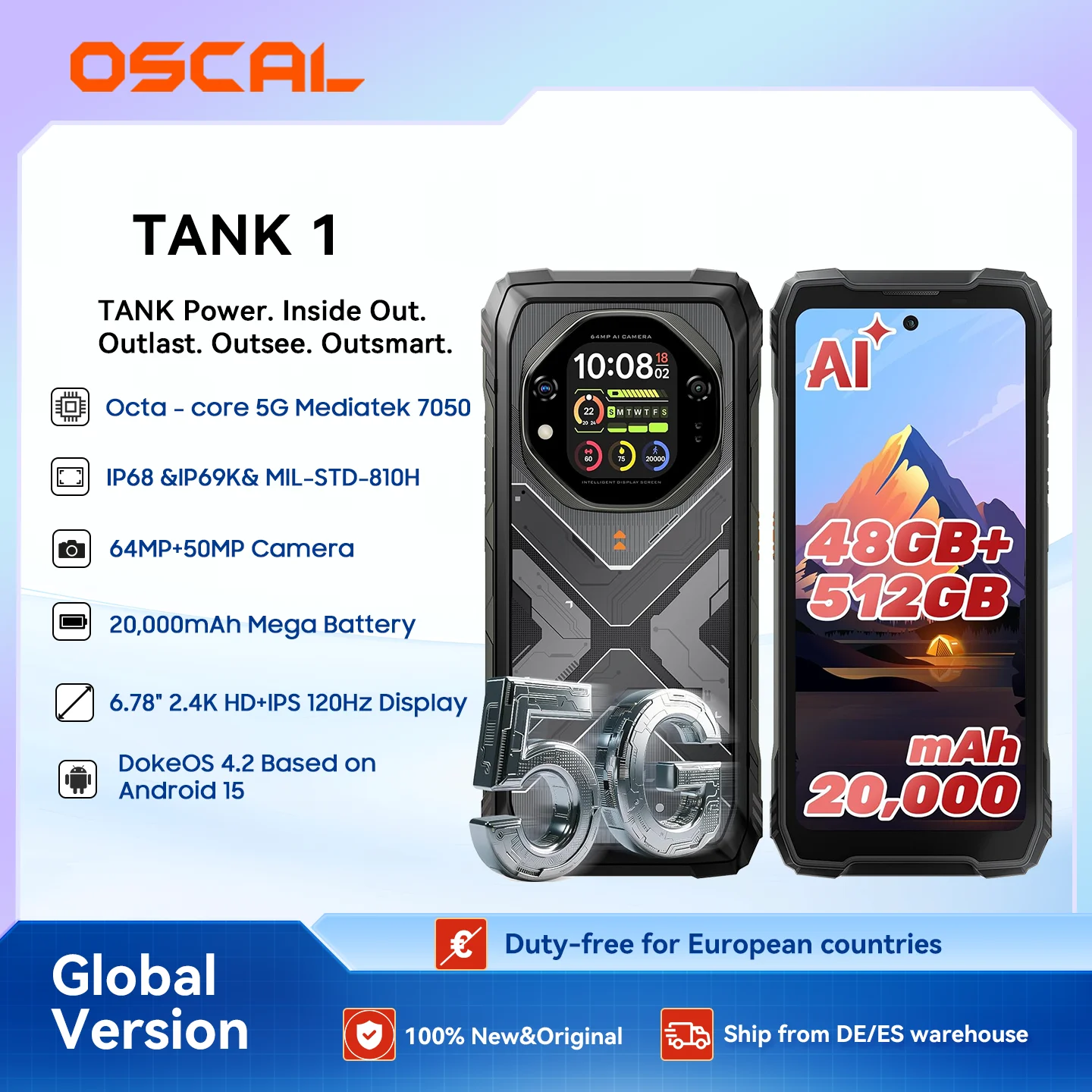 Smartphone robuste OSCAL TANK 1 5G, 20000mAh/55W, écran FHD+ 6,78 pouces 120Hz, MTK7050, appareil photo 64MP+50MP, IP68/IP69K/GPS/NFC Android 15