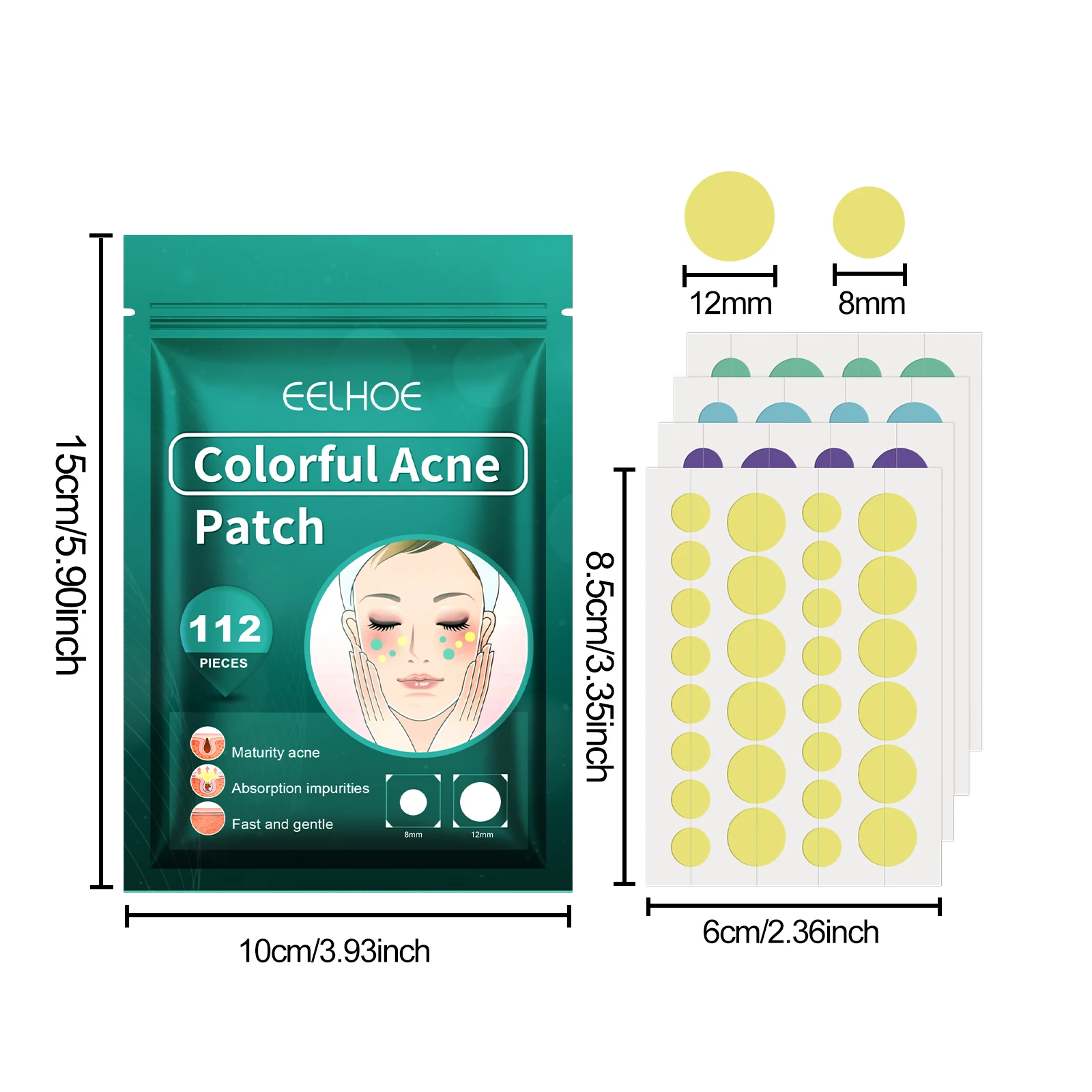 Eelhoe 112 قطعة بقع حب الشباب الملونة على شكل دائري تطهير شوائب الوجه حب الشباب نظيفة المسام غطاء بثرة توازن الجلد حب الشباب التصحيح