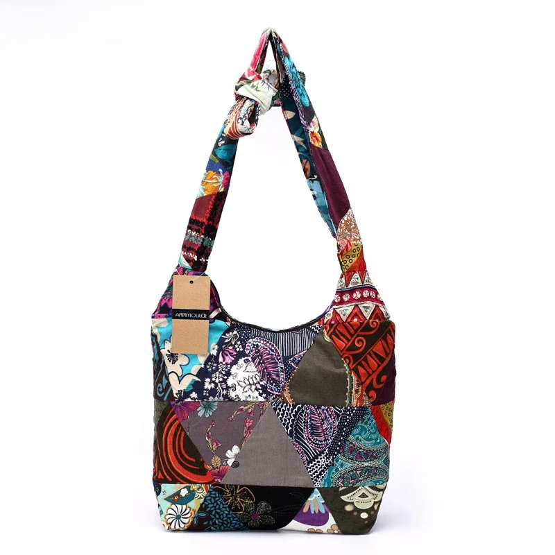 Annmouler marka damska torba na ramię z paskiem torebki z tkaniny bawełnianej duża torba listonoszka kwiatowy torba Hobo Hippie Patchwork torba hipisowska — zdjęcie 2