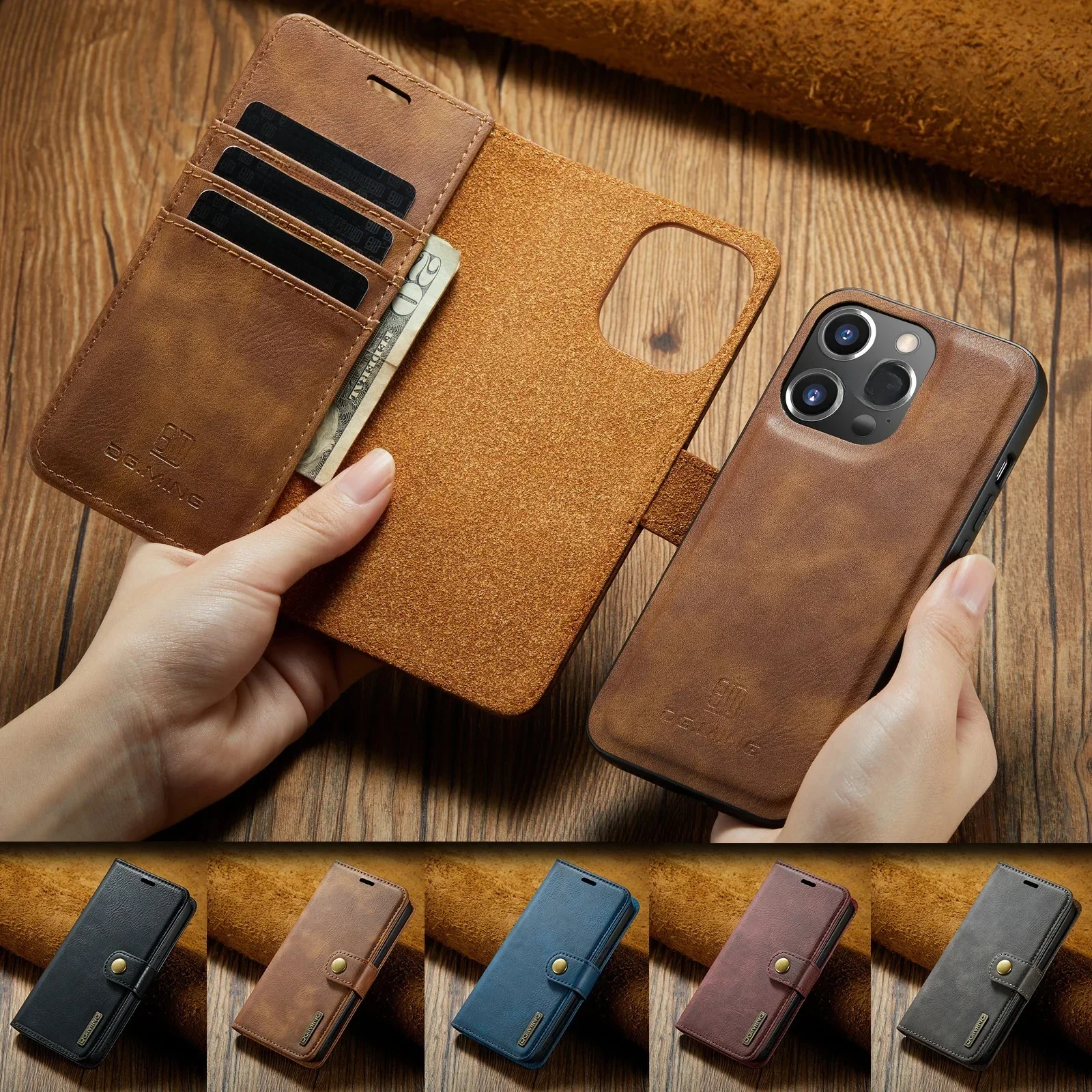 Odłączane, magnetyczne etui na telefon z elementami z ekoskóry do iPhone 18 Pro Max, 17 Air, 16, 15, 12, 13, 14 Plus, SE 2022 – etui z funkcją portfela i przegródką na karty. — zdjęcie produktu 7