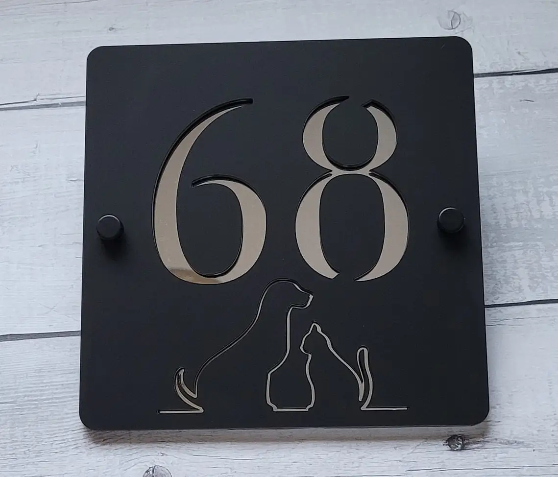 

Laser Cut House Signs Numbers Matt Black Gog Cat Acrylic Plaque With Gloss Black Backplate - Personalised