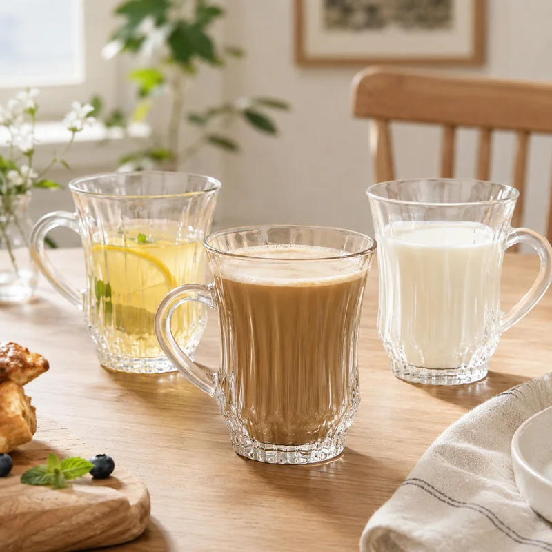 300ml Clear Vertical Ribbed Glass Mug with Handle, Crystal Cut Drinking Cup for Coffee Tea Juice, Dishwasher Safe