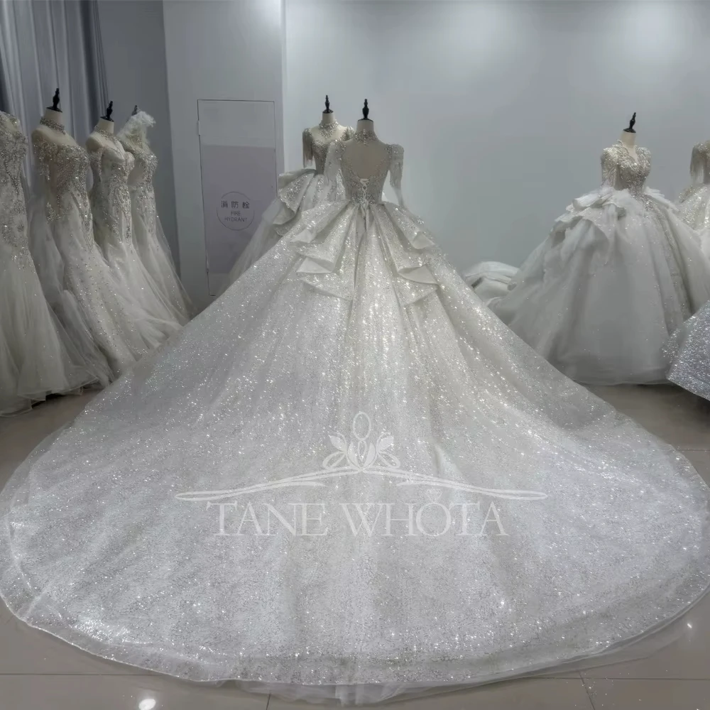 Brautkleid 2026 Long Sleeve Lace Up Keyhole Back Weeding Dress Sequins Beading Embroidery Bridal Dress Customized