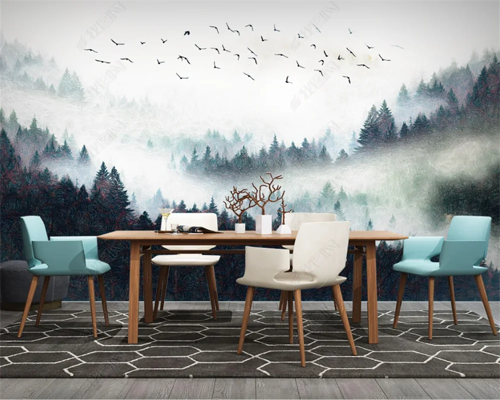 beibehang  wall paper Customized fog forest bird background mural, self-adhesive relief material decorative painting, wallpaper