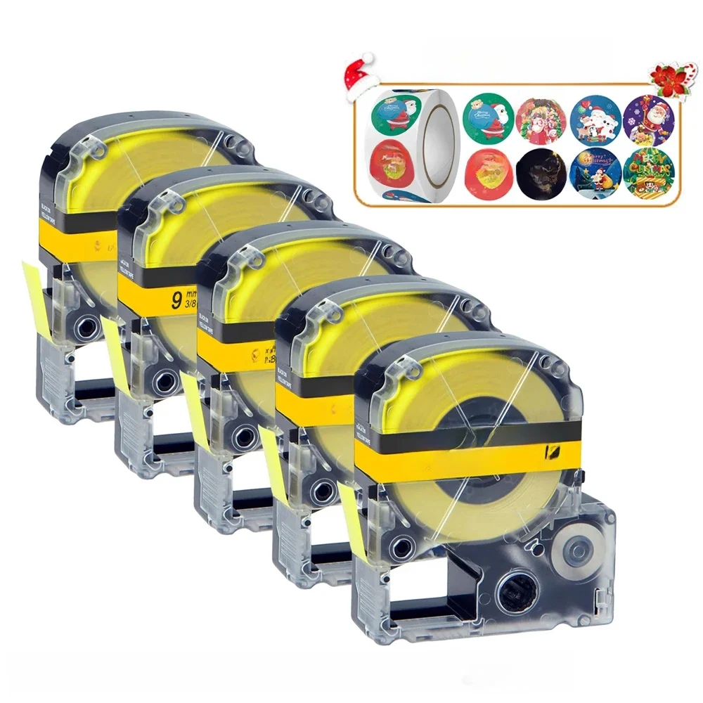 (With Christmas Sticker) 5PKS 9mm 12mm Black on Yellow SC9YW/LC-3YBW9 SC12YW/LC-4YBW9  compatible for LW300 LW400 LW600