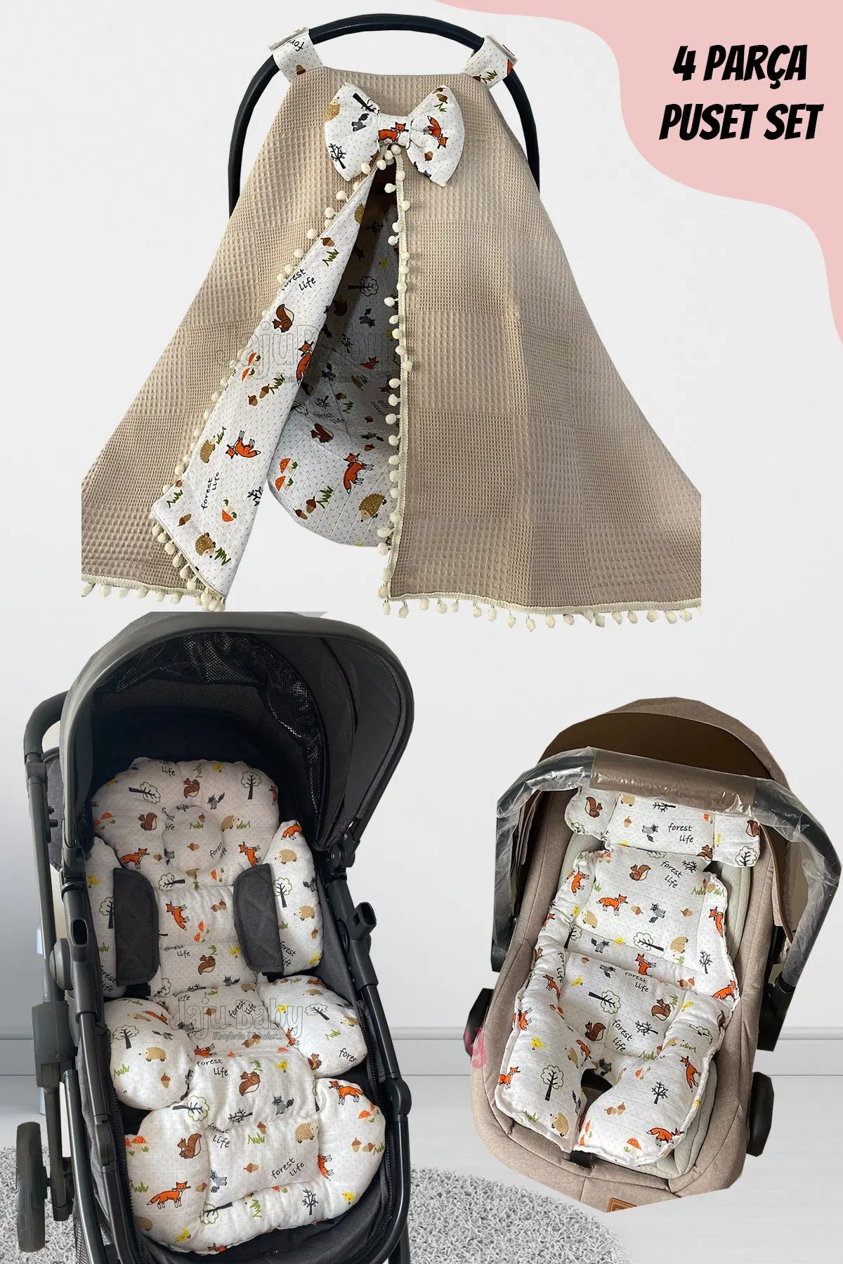 

Handmade Muslin Fabric Fox Model 4-Piece Stroller Set (With Holder)