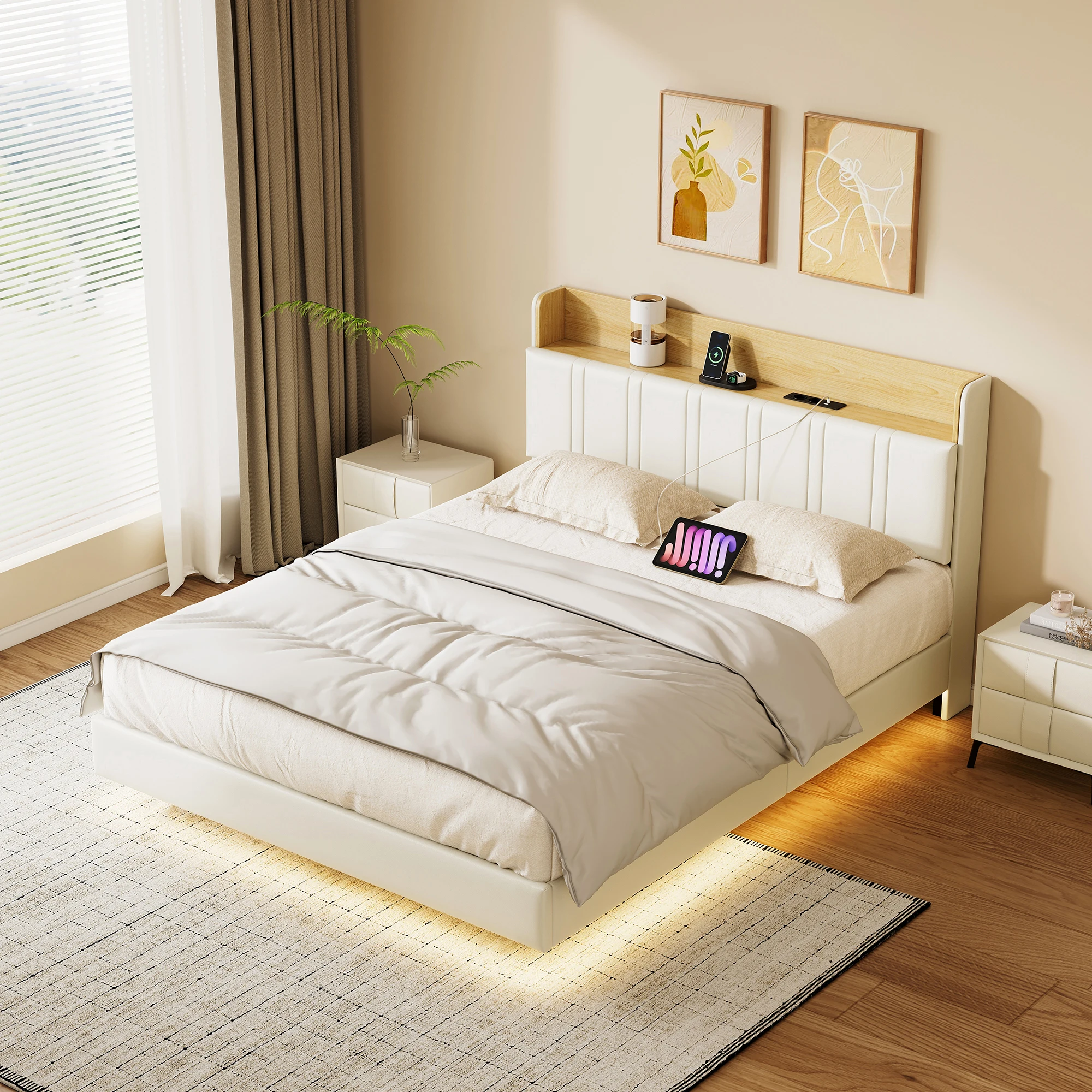 Rosahqnda Estructura de cama doble 140/160*200 cm Cama flotante con efecto visual con iluminación LED Estación de carga de cabezal alto